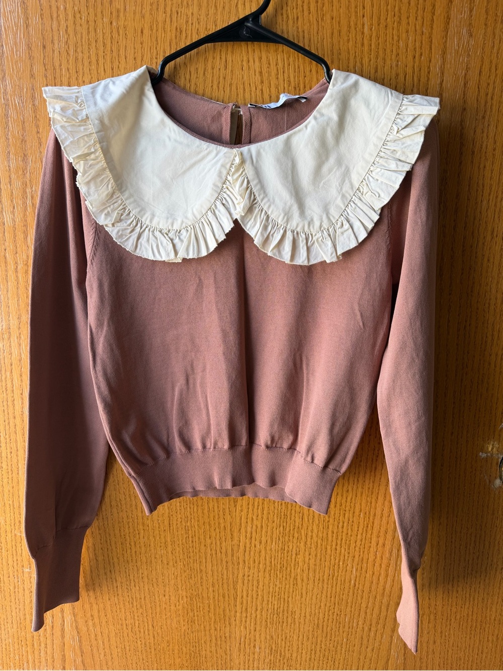 Zara Mauve Pink Contrast Cream Ruffle Poplin Collar Sweater Womens Size M